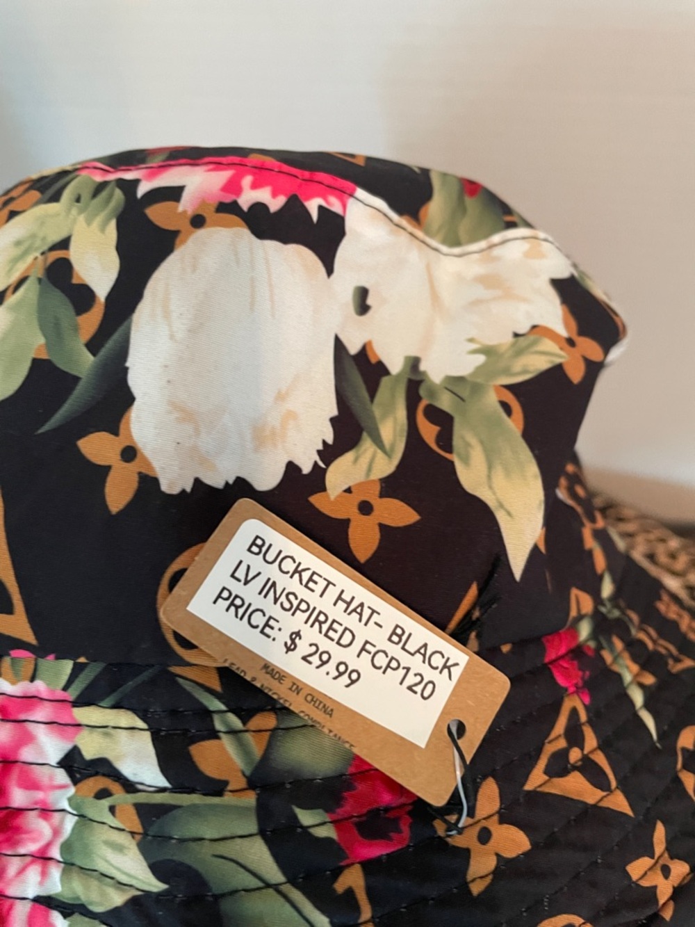 Black Floral Bucket Hat with Pink & White Blooms - Picture 6 of 7